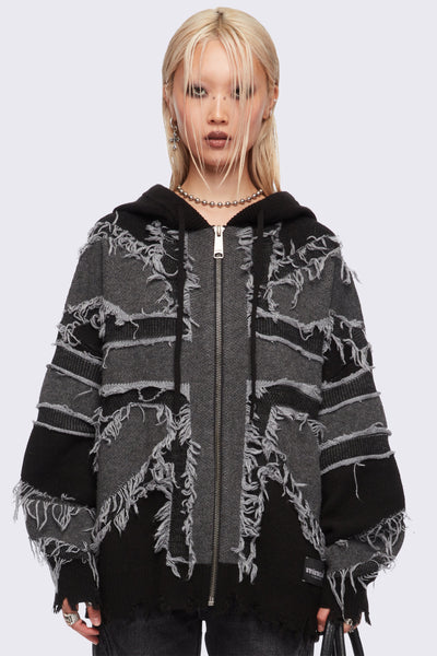 Union Jack Black and Grey Knitted Zip-Up Hoodie | Minga London
