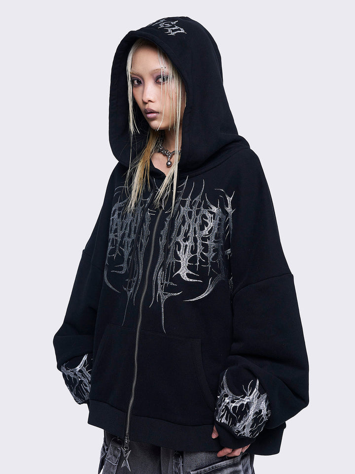 Black Zip-Up Hoodie with Sigil Embroidery | Minga London – Minga