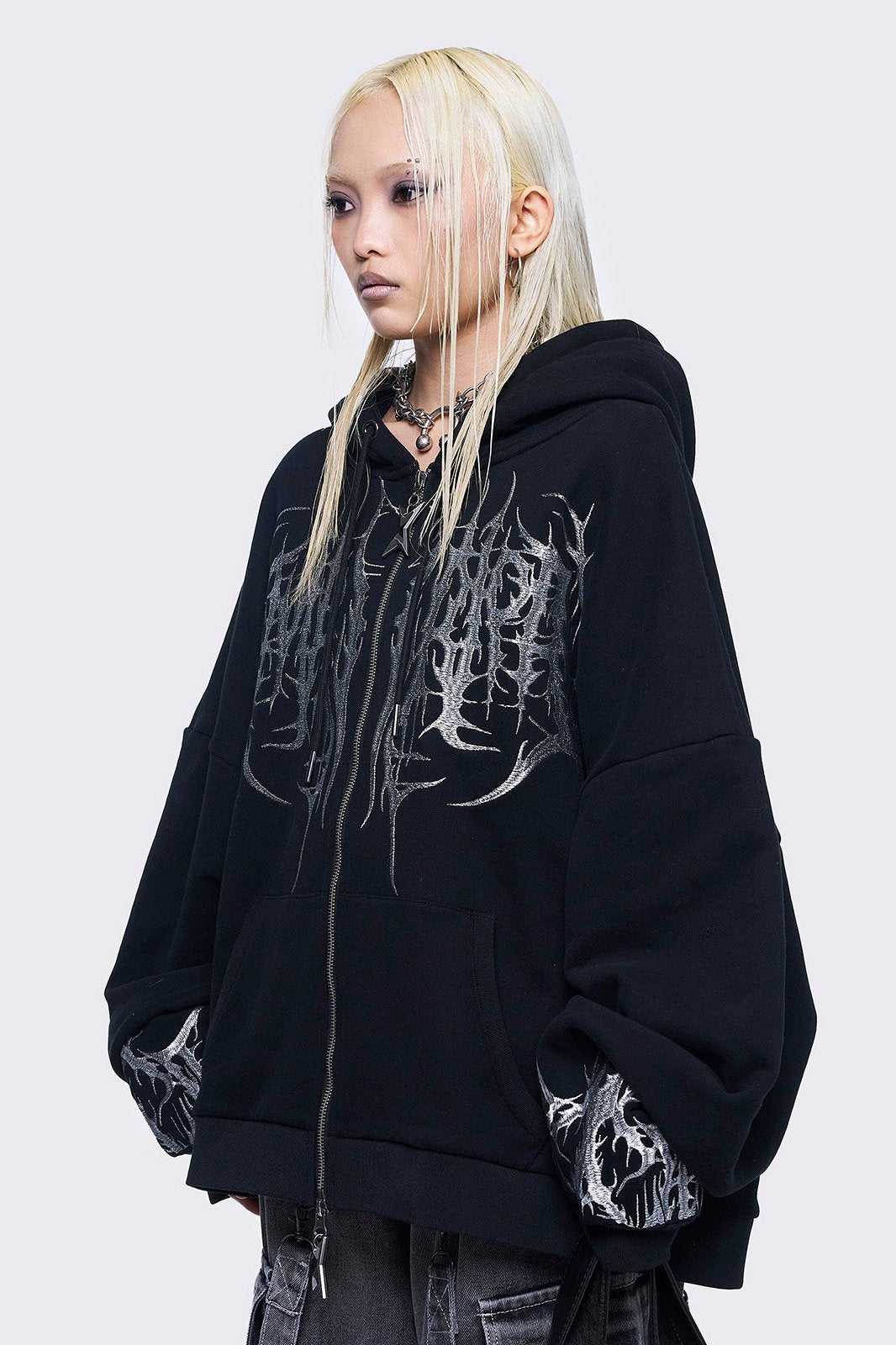 Black Zip-Up Hoodie with Sigil Embroidery | Minga London – Minga