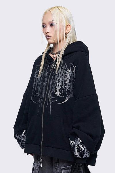 Black Zip-Up Hoodie with Sigil Embroidery | Minga London – Minga