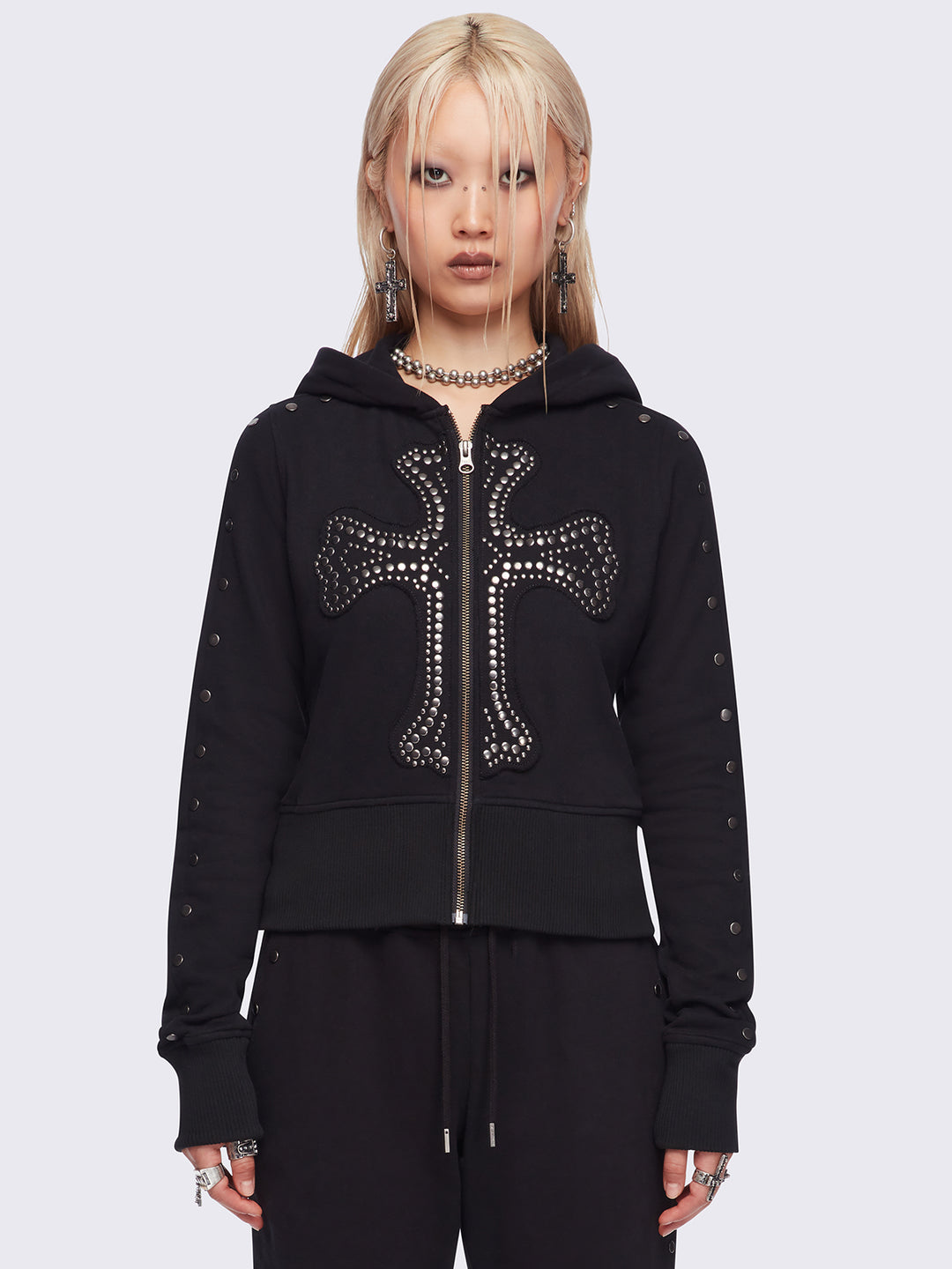 Studded Cross Zip-Up Hoodie in Black | Minga London – Minga London US