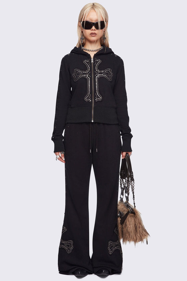 Studded Cross Zip-Up Hoodie in Black | Minga London
