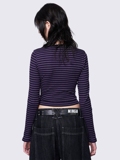 Slim-fit ribbed top with purple and black stripes, half button placket, Minga embroidered logo, and rounded neckline. Y2K and grunge-inspired style