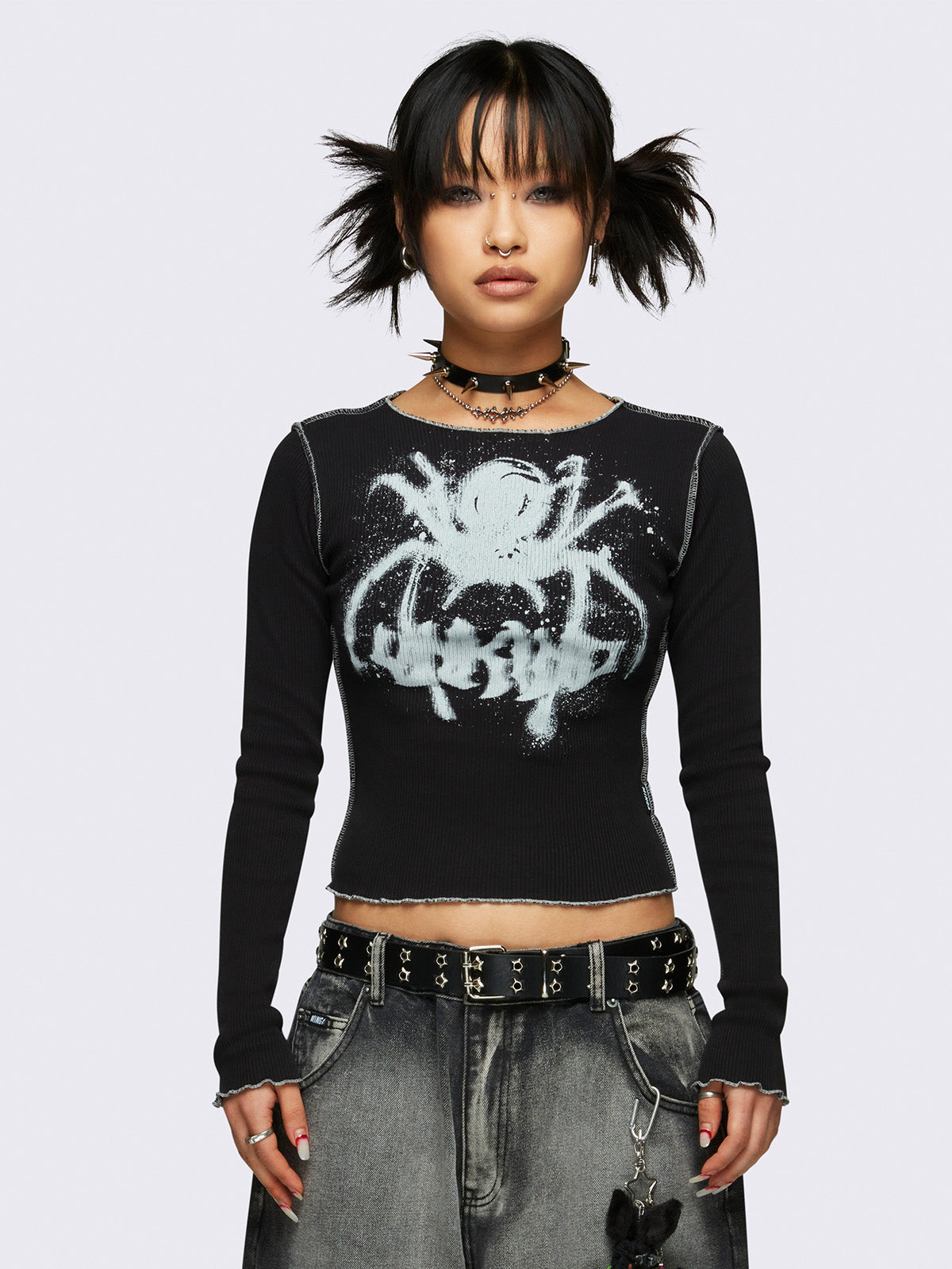 Graphic rib top in black with spider graphic front print