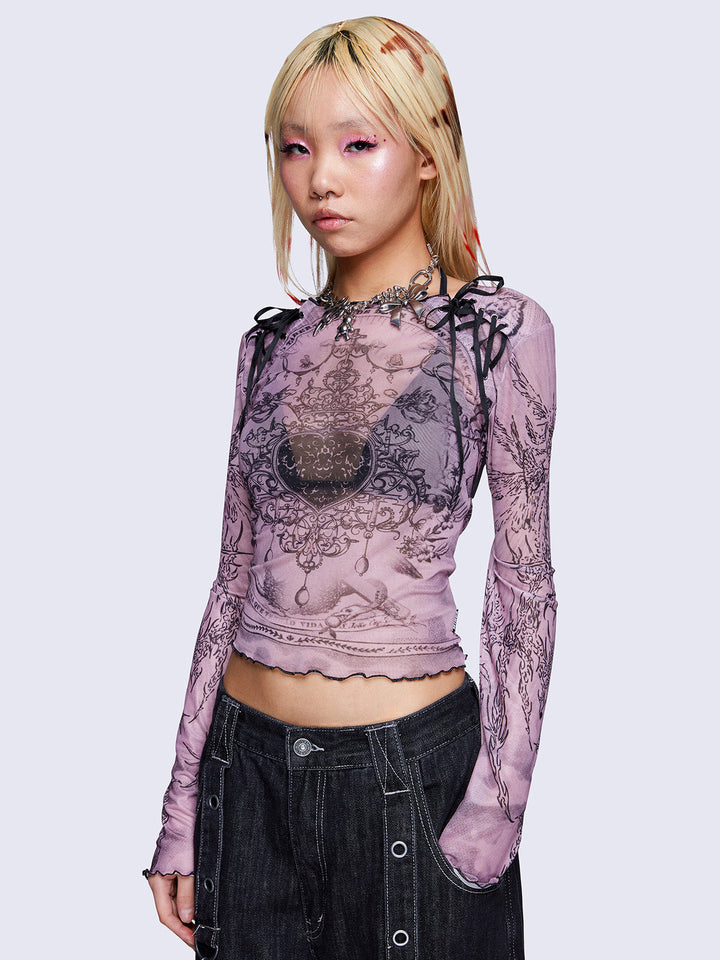 SHOOP MIKA LONG SLEEVE TOP メッシュトップス シアー Pink Lace Up Graphic Mesh Top | Minga London – Minga London US