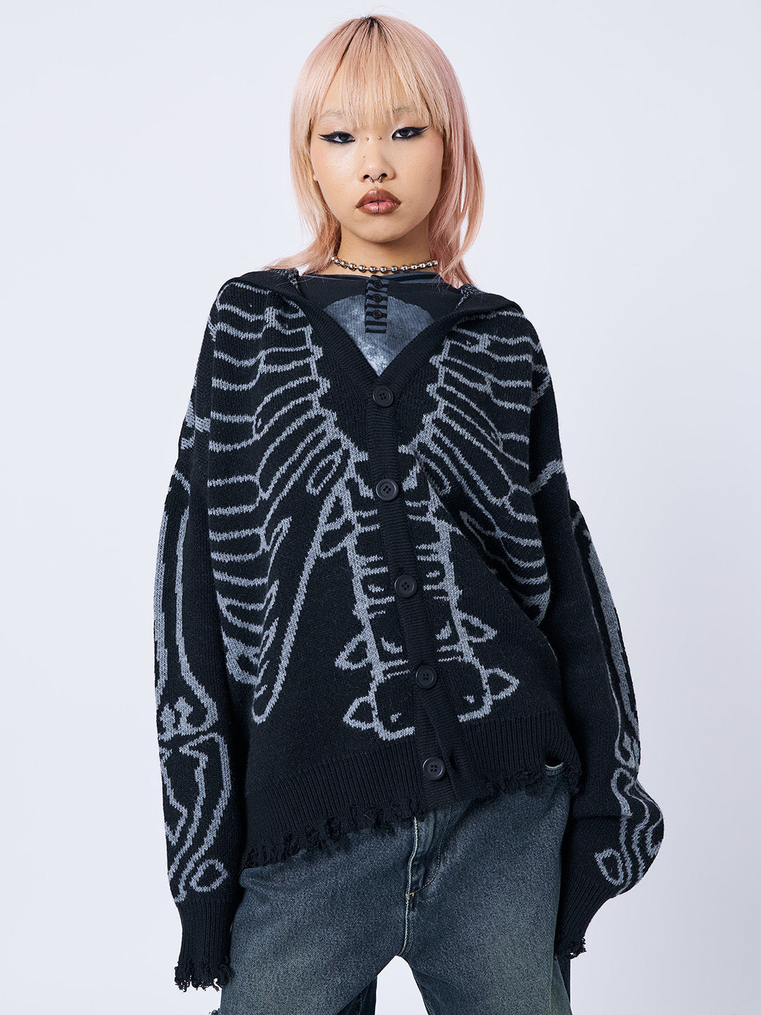 X-Ray Jacquard Black Hooded Knit Cardigan