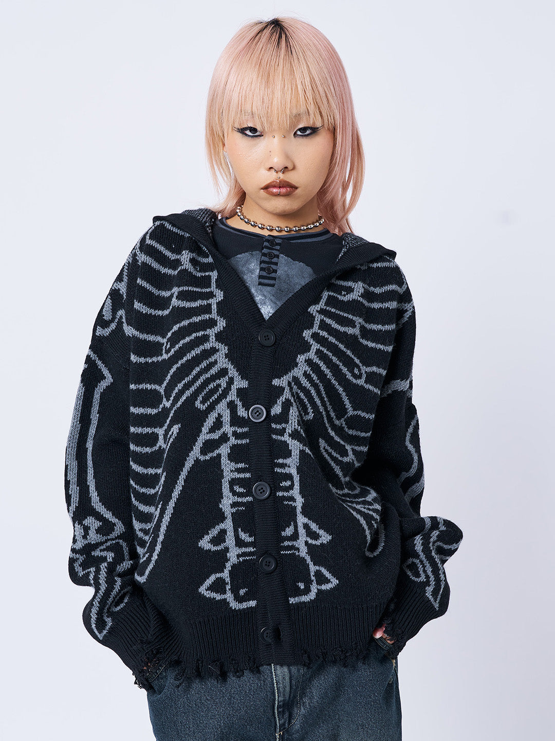 X-Ray Jacquard Black Hooded Knit Cardigan