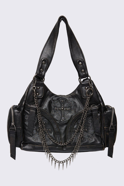 Black Vegan Shoulder Bag with Studded Cross, Spiked Chains