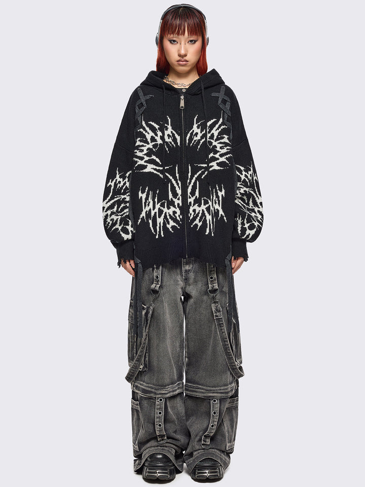 Black Knitted Zip-Up Hoodie With Sigilism Graphic | Minga London