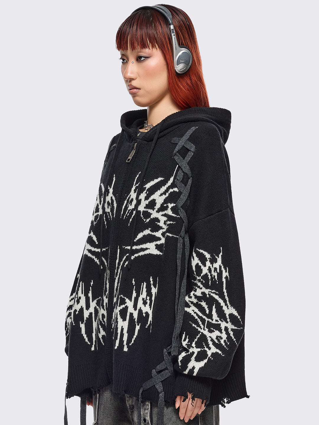 Black Knitted Zip-Up Hoodie With Sigilism Graphic | Minga London