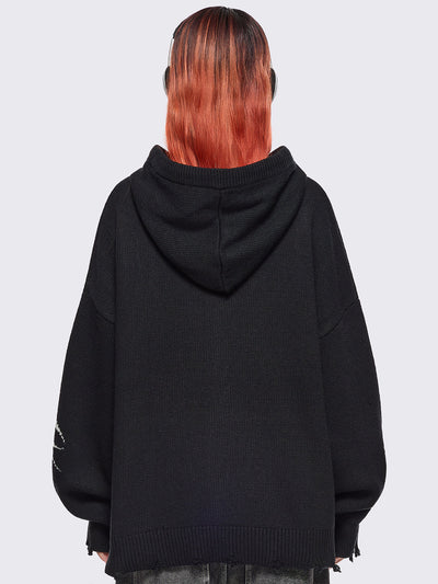 Black hooded chunky knit cardigan featuring white sigilism graphic design, contrast grey lace up details and distressed trims.