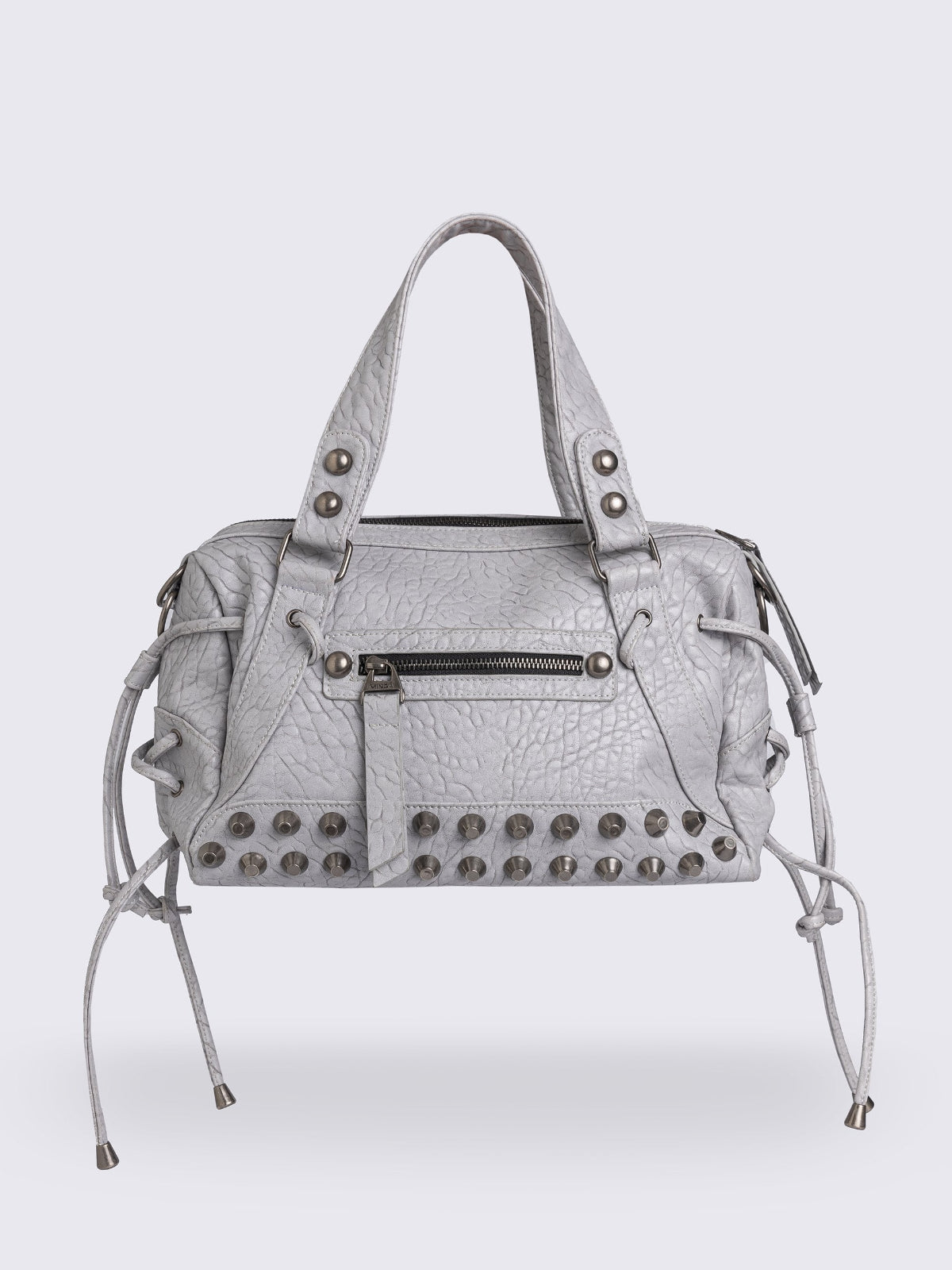 White faux leather shoulder bag with stud, lace up and metal hardware details