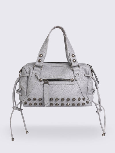White faux leather shoulder bag with stud, lace up and metal hardware details