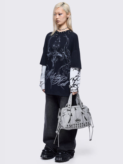 White faux leather shoulder bag with stud, lace up and metal hardware details