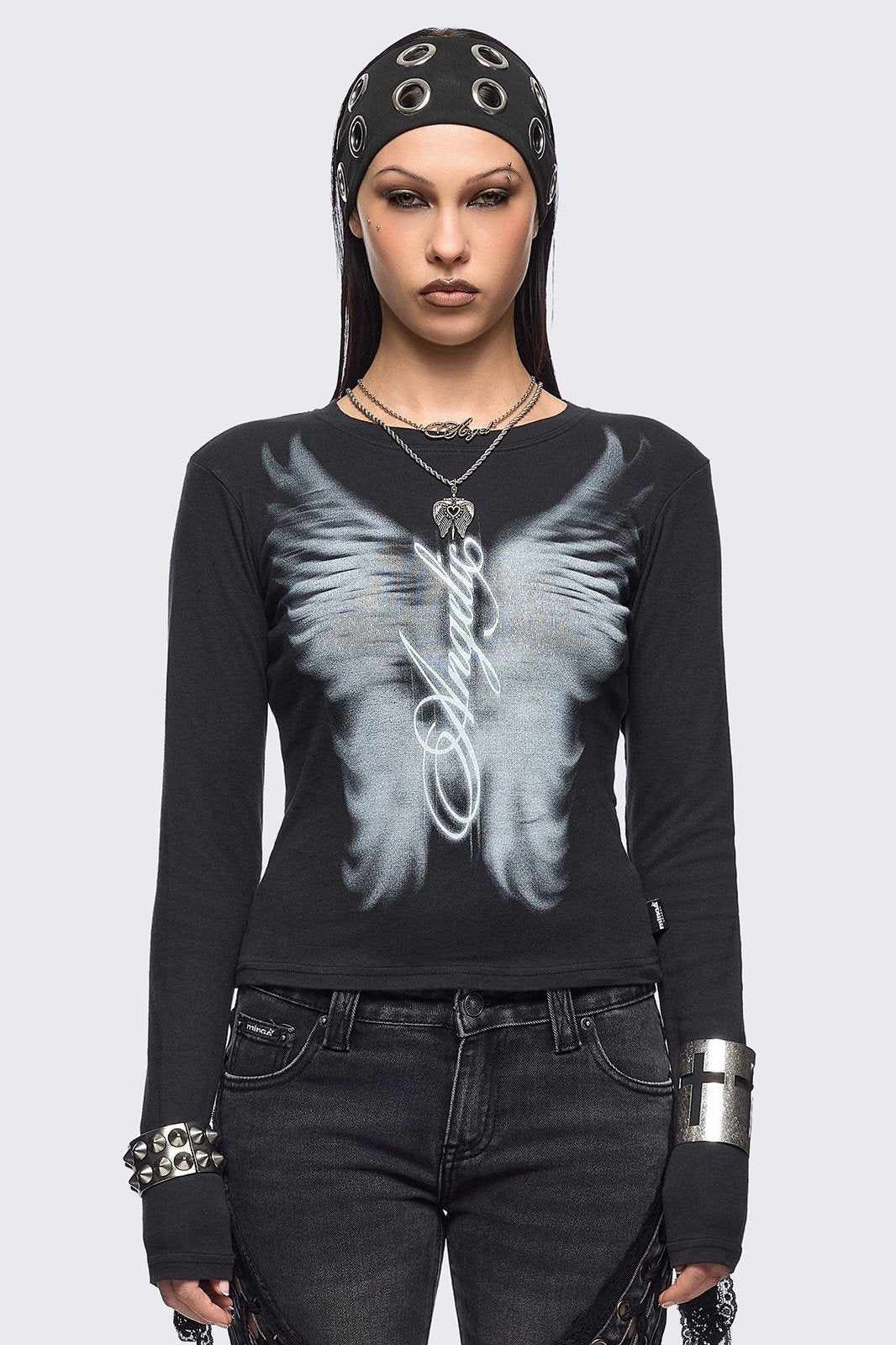 Black long sleeve top featuring an angelic wings graphic front print.