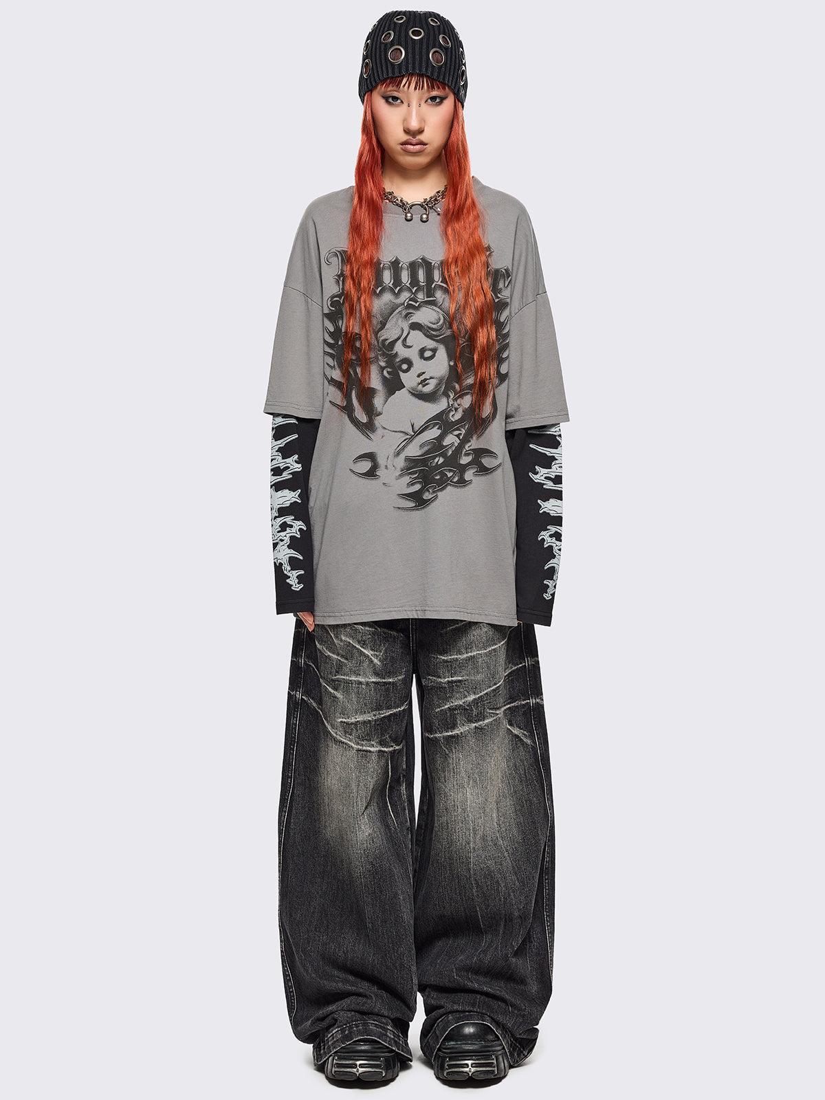Grey layered long sleeve t-shirt with angelic graphic front print and contrast black sleeves with sigilism print.