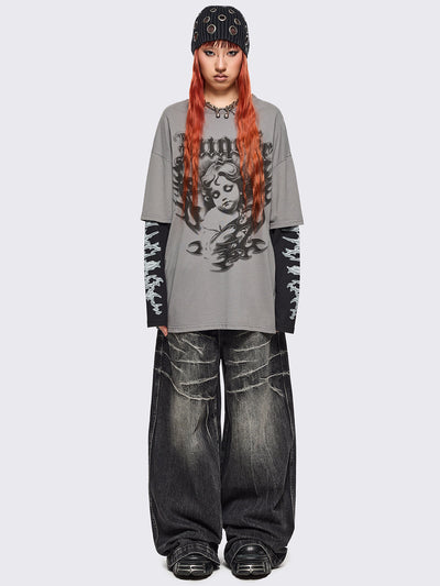 Grey layered long sleeve t-shirt with angelic graphic front print and contrast black sleeves with sigilism print.