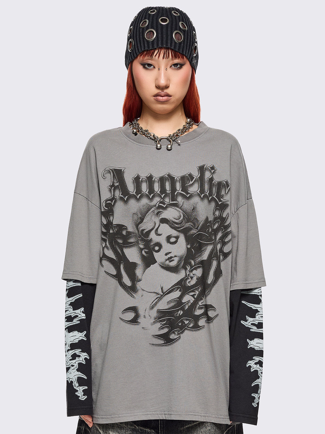 トップス unknown layered draped feather print tee angelic-layered-t-
