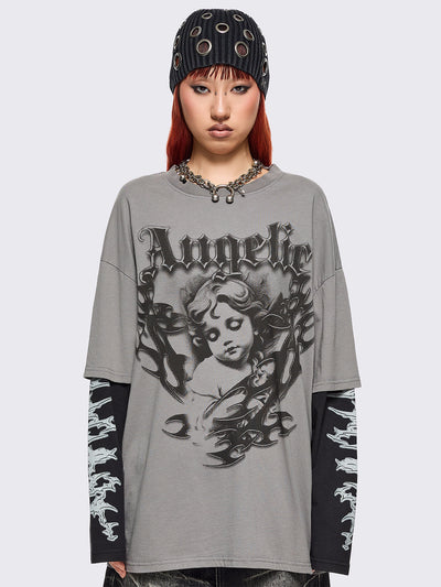 Grey layered long sleeve t-shirt with angelic graphic front print and contrast black sleeves with sigilism print.
