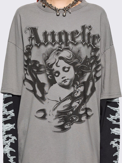 Grey layered long sleeve t-shirt with angelic graphic front print and contrast black sleeves with sigilism print.