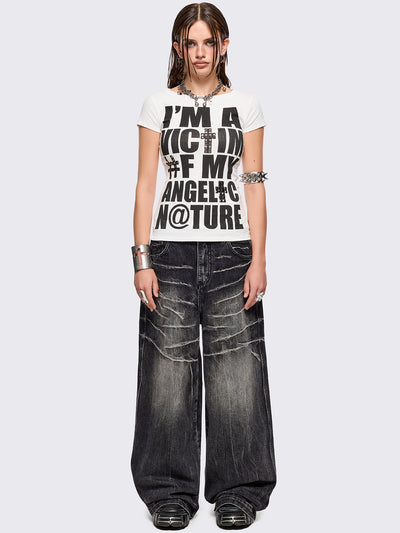 White graphic baby tee featuring a 
"I'm a vic†im #f my angel†c n@ture" slogan garphic front print with stud details.