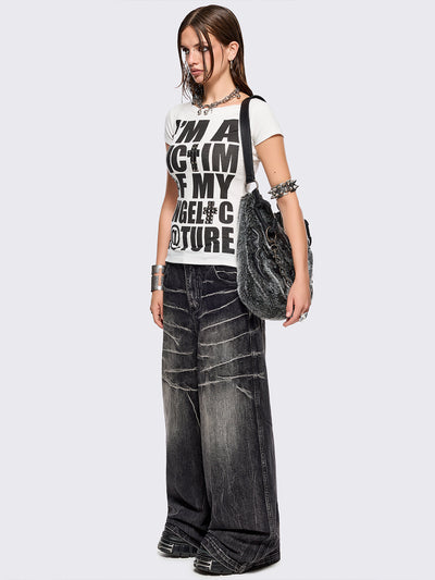 White graphic baby tee featuring a 
"I'm a vic†im #f my angel†c n@ture" slogan garphic front print with stud details.