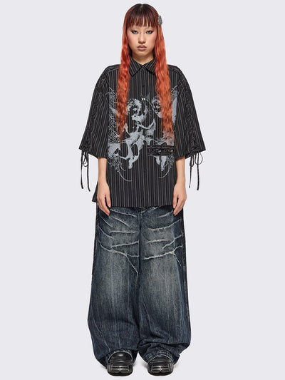 Black pinstriped shirt with white angels graphic front print and laced up details.
