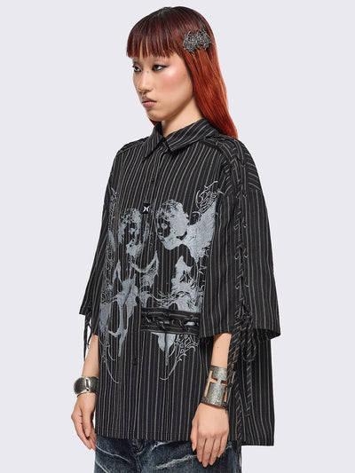 Black pinstriped shirt with white angels graphic front print and laced up details.