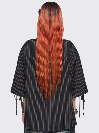 Black pinstriped shirt with white angels graphic front print and laced up details.