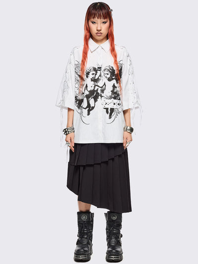 White striped short sleeve shirt featuring a black angels graphic front print and laced up details.