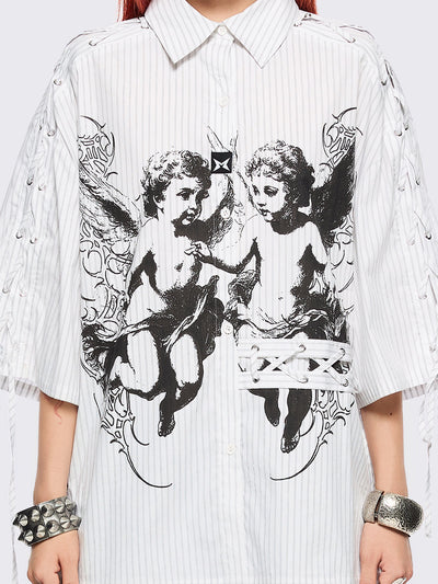 White striped short sleeve shirt featuring a black angels graphic front print and laced up details.