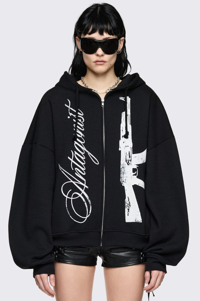 Oversized Black Zip Up Hoodie with Graphic Print | Minga London