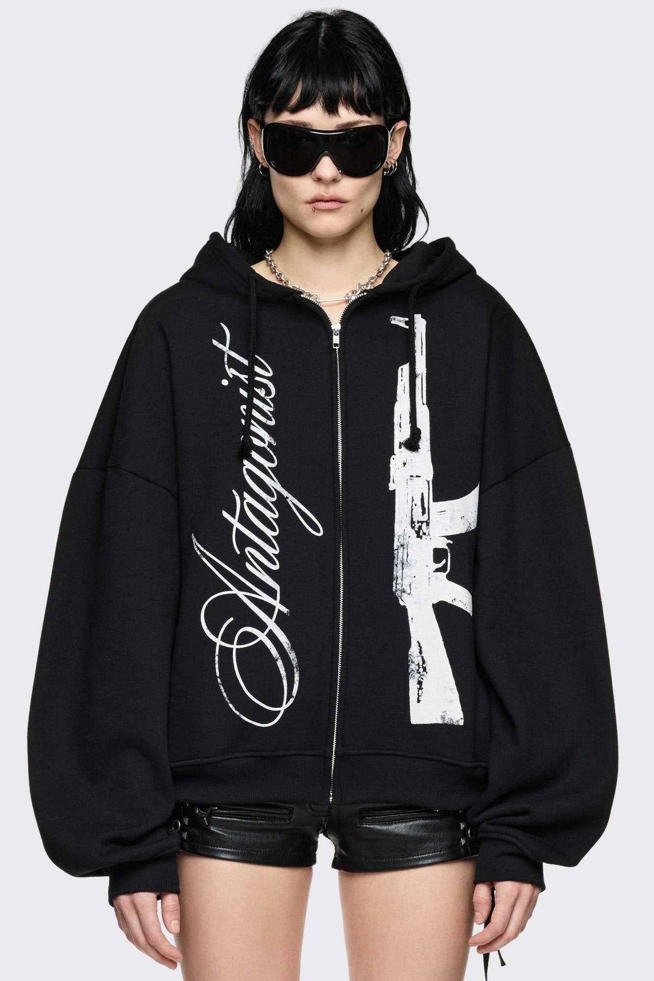 Oversized Black Zip Up Hoodie with Graphic Print | Minga London