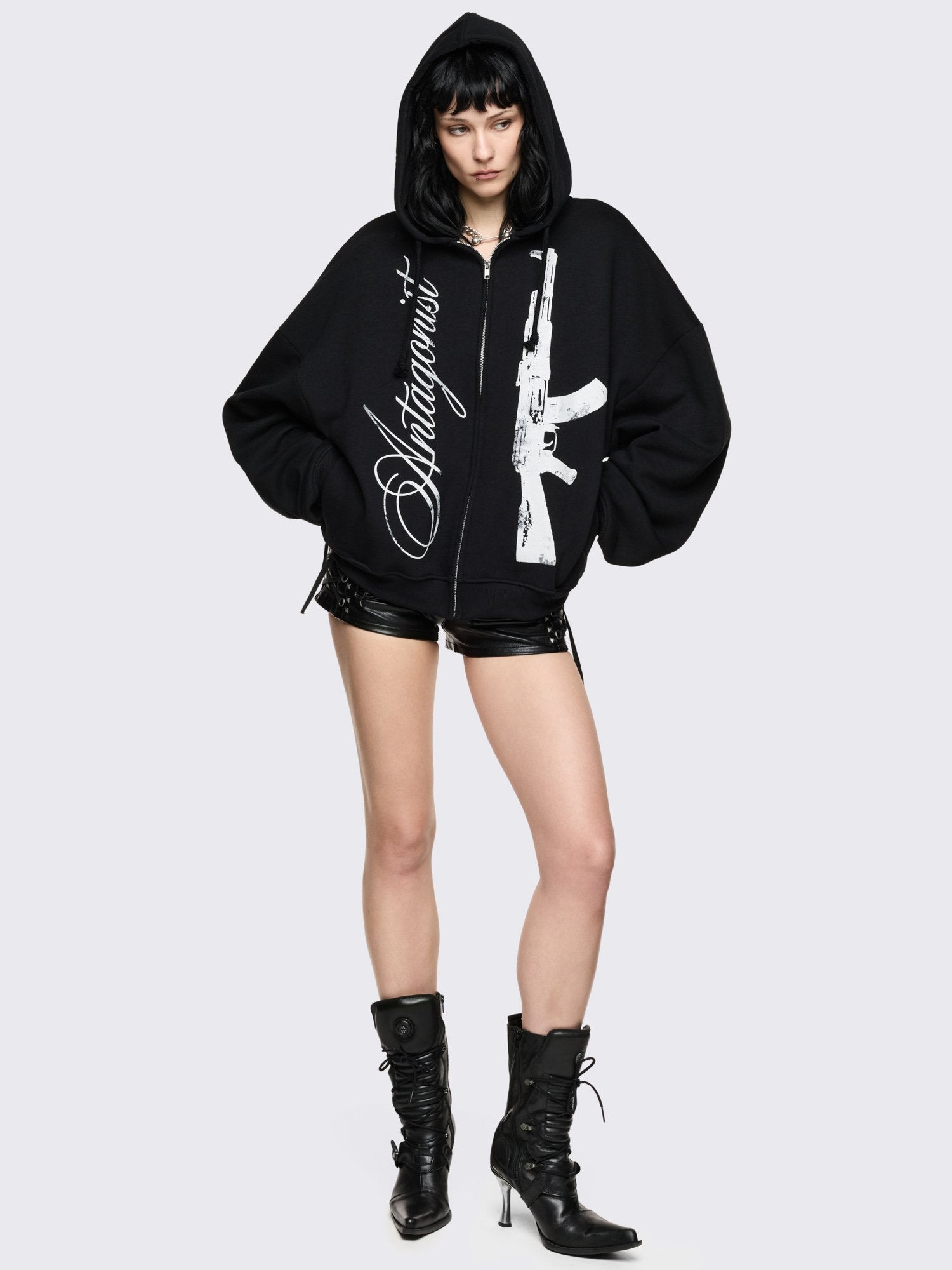 Black oversized zip up hoodie with 