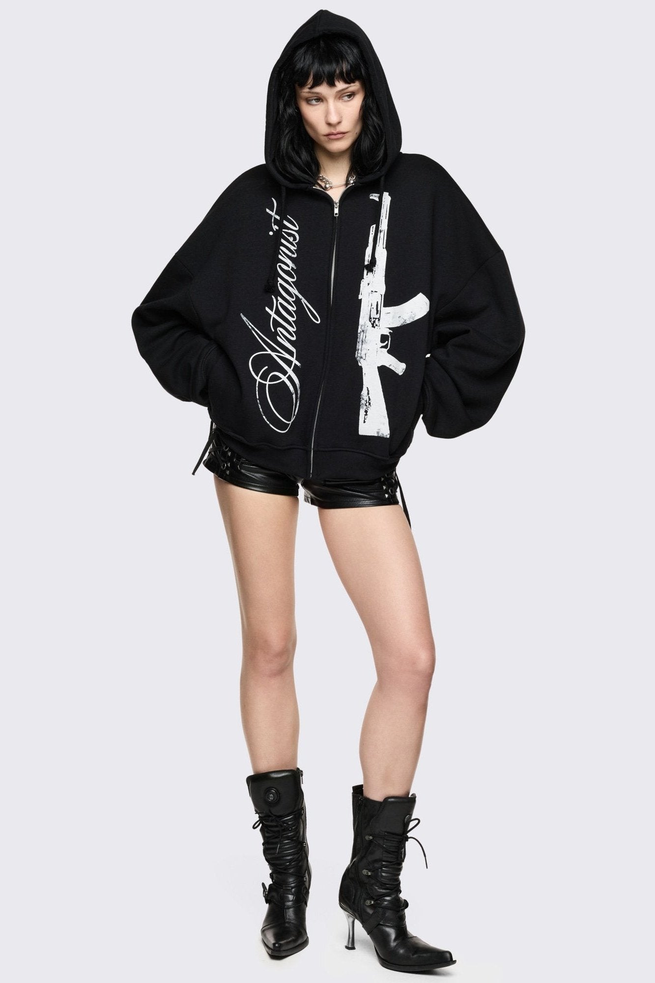 Oversized Black Zip Up Hoodie with Graphic Print | Minga London