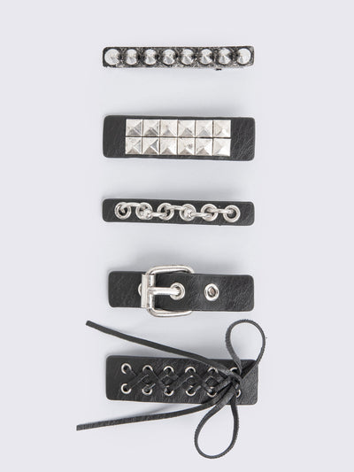 Set of 5 black PU hair clips featuring lace up, buckle, spike, stud and more hardware details. 