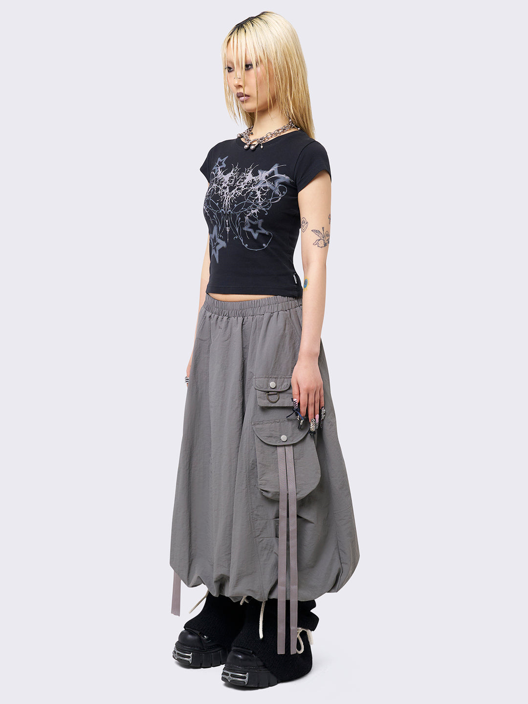 Balloon Bubble Cargo Midi Skirt in Grey | Minga London