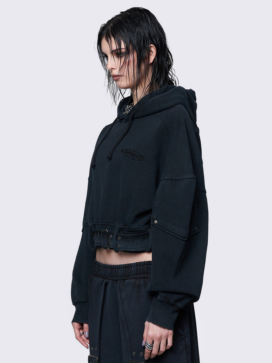 Cropped Washed Black Hoodie with Belt Detail – Edgy