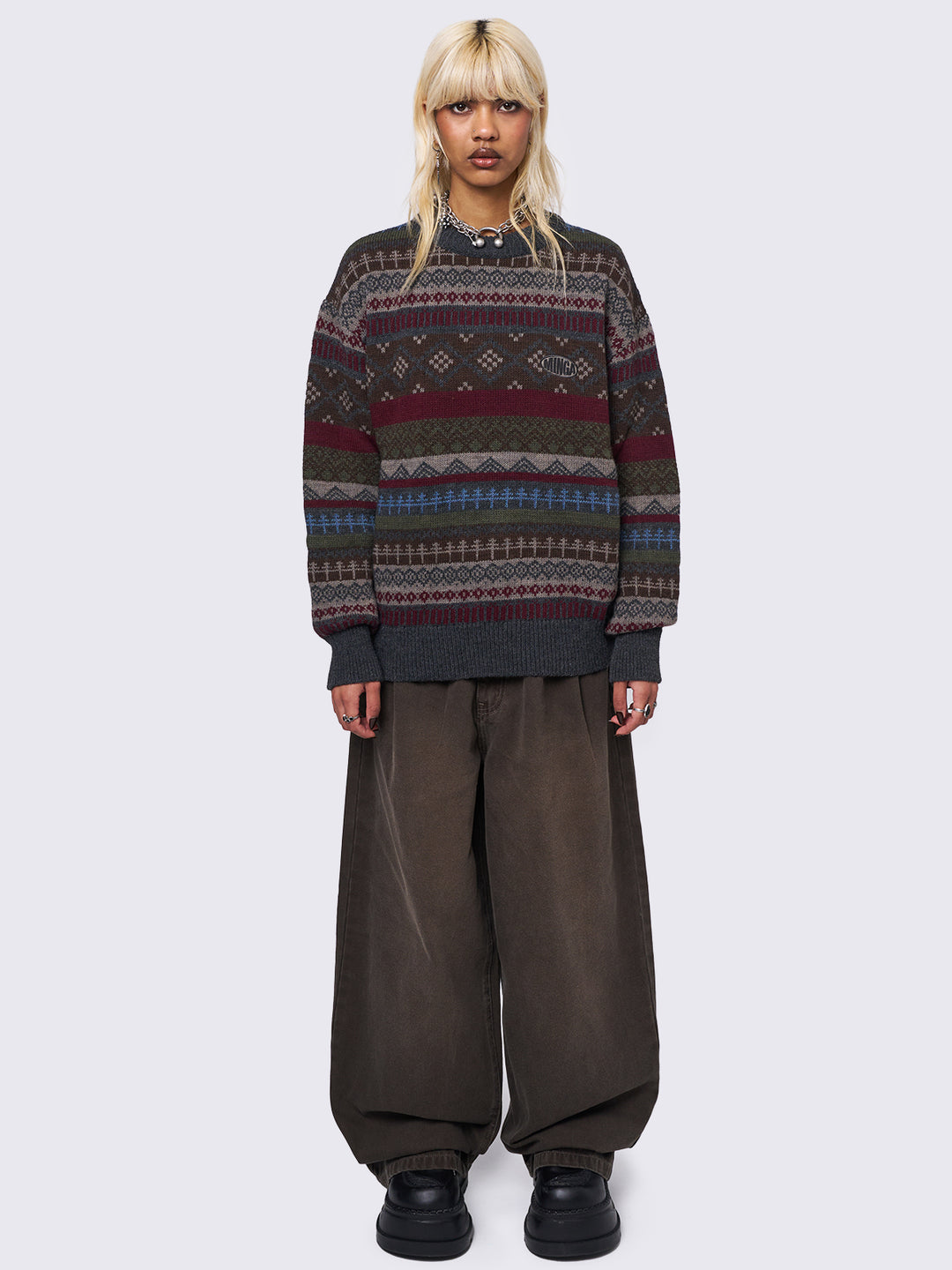 トップス [Aarchive] 90s GrassPattern Greige Knit Oversized Jacquard Knit Sweater in Multicolored Geometric