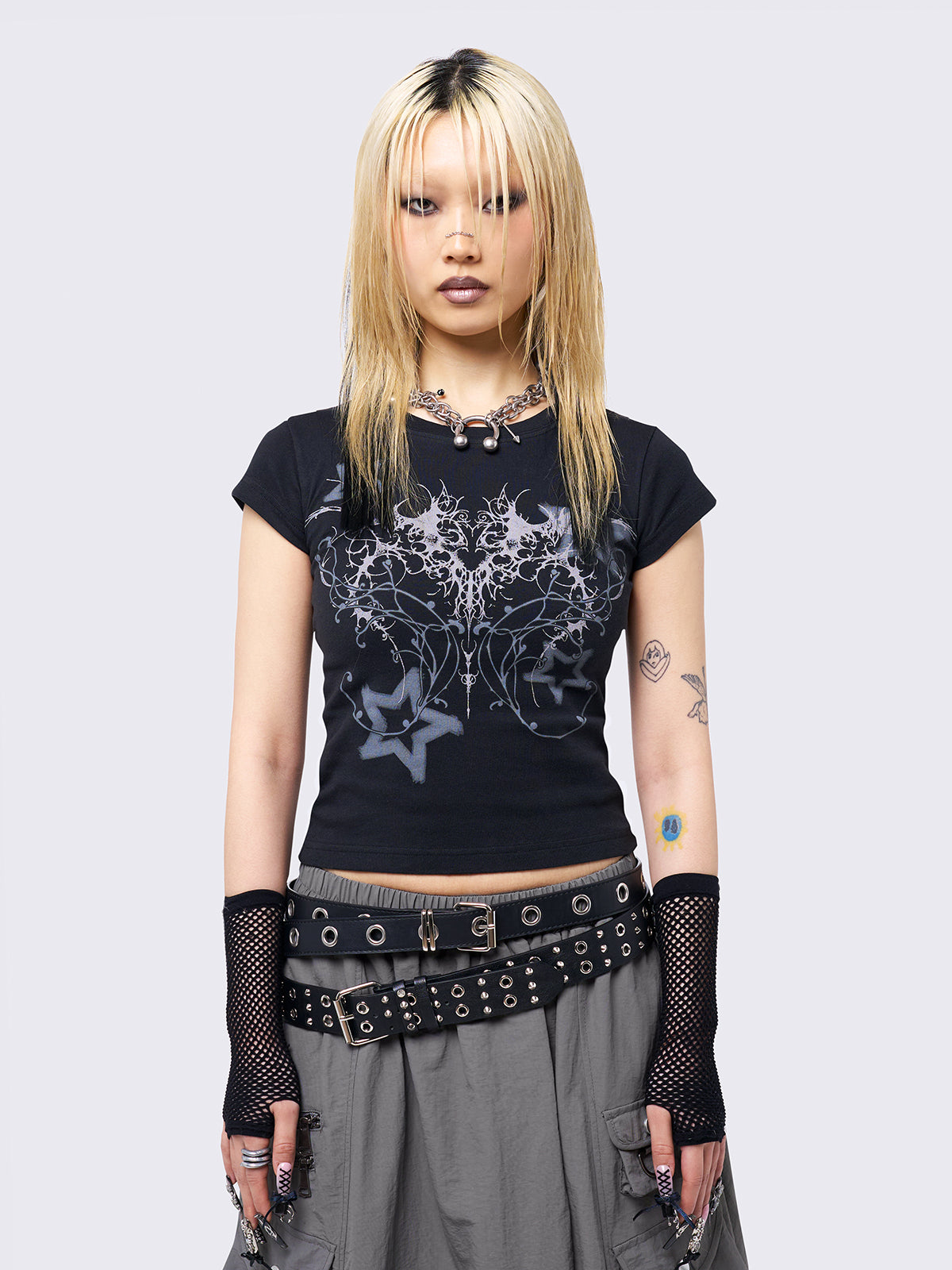 Black graphic baby tee with white grunge graphic front print.