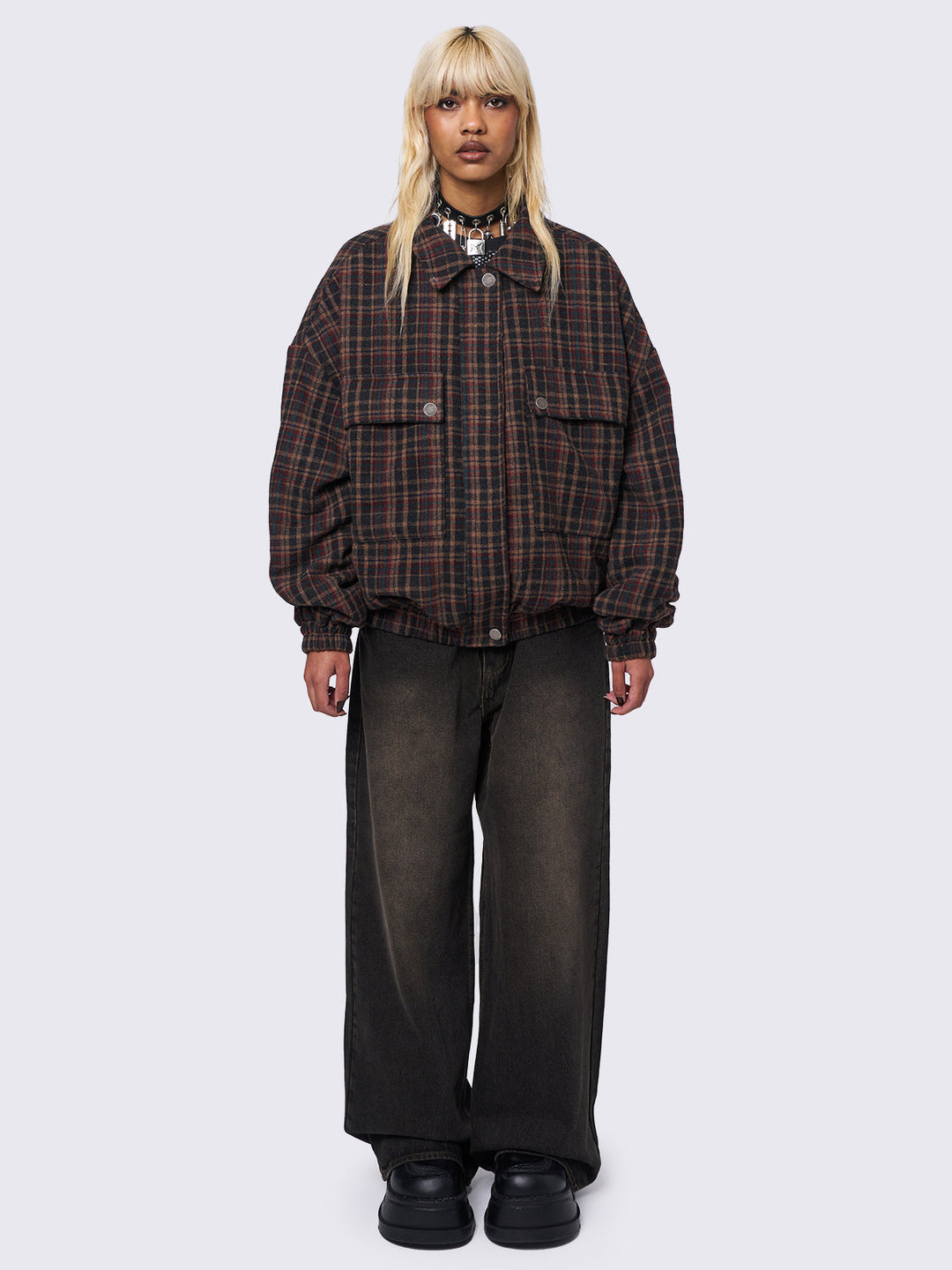 Plaid Wool Bomber Jacket in Brown | Minga London – Minga