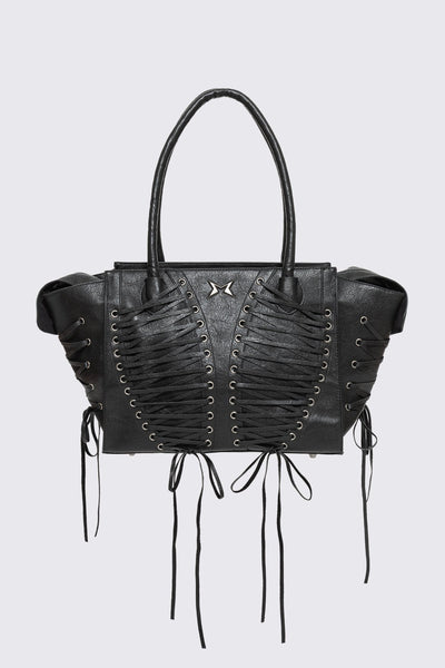 Black Faux Leather Shoulder Bag With Lace-Up Detail | Minga London