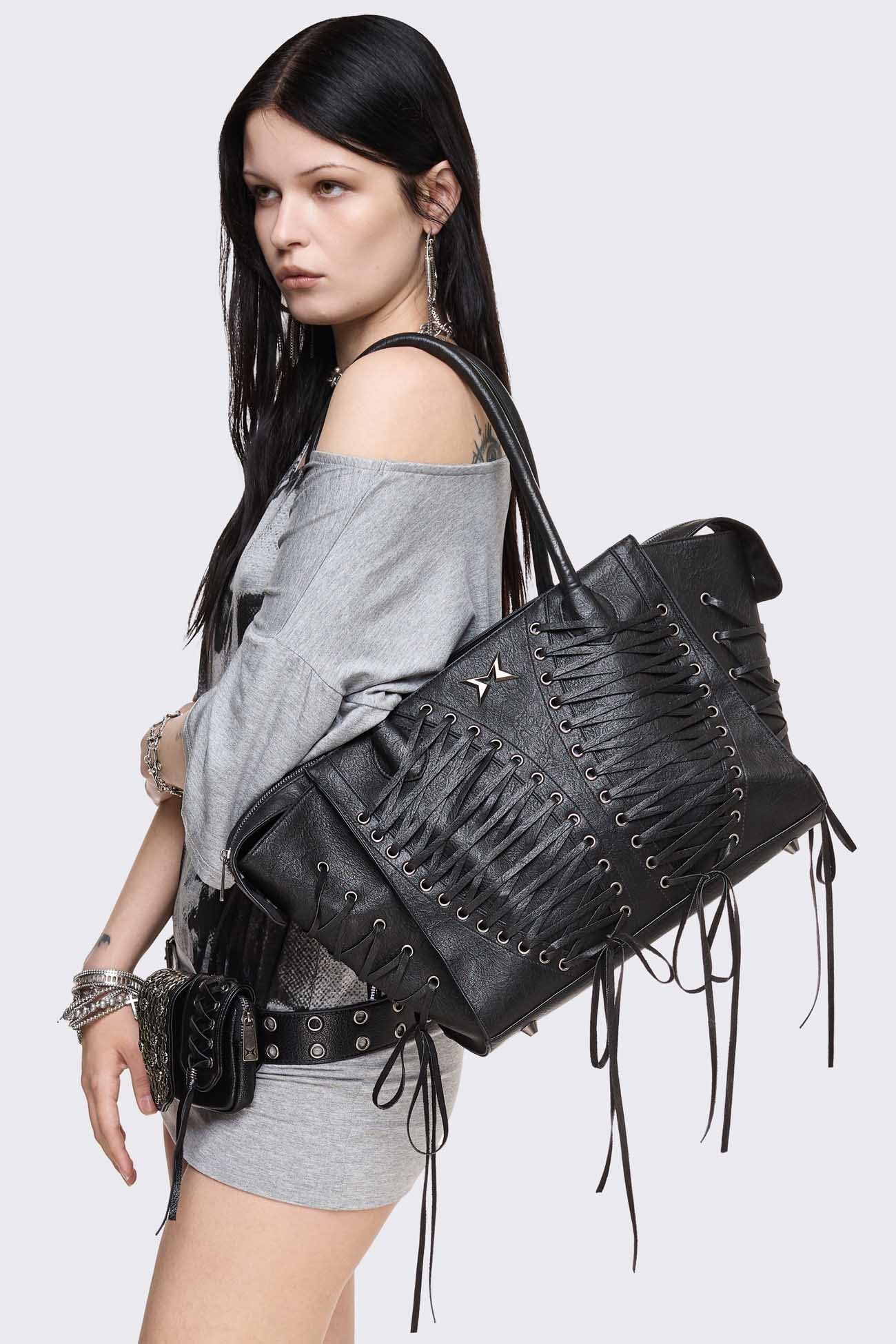 Black Faux Leather Shoulder Bag With Lace-Up Detail | Minga London