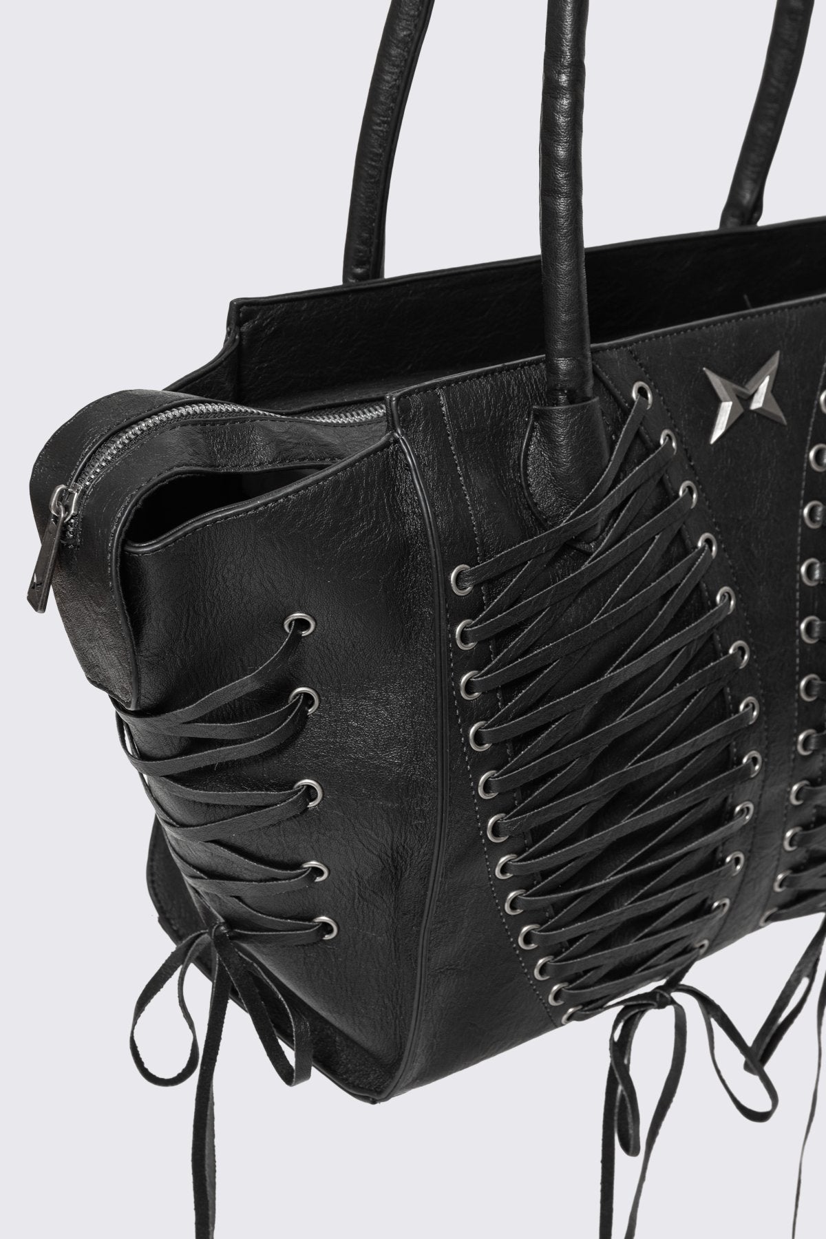 Black Faux Leather Shoulder Bag With Lace-Up Detail | Minga London