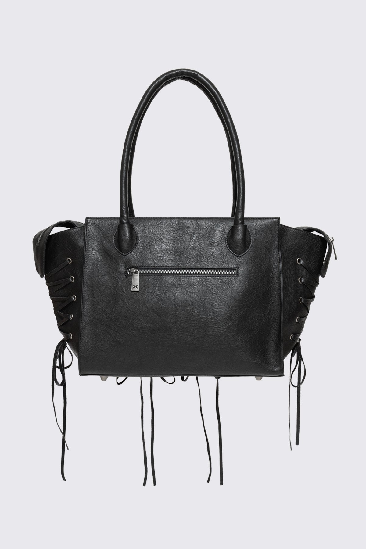 Black Faux Leather Shoulder Bag With Lace-Up Detail | Minga London