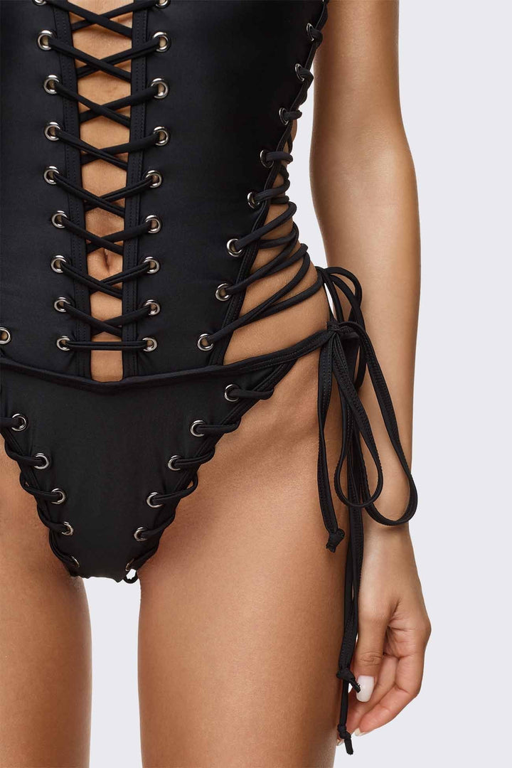 Black Lace-Up Swimsuit With Grommets | Minga London