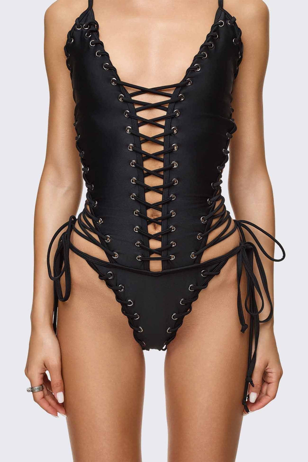 Black Lace-Up Swimsuit With Grommets | Minga London