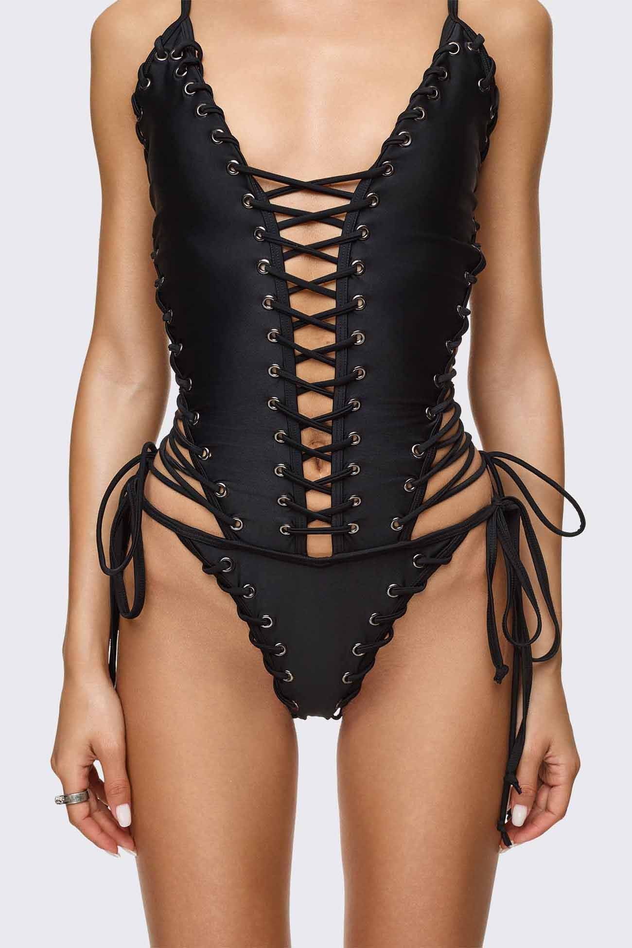 Black Lace-Up Swimsuit With Grommets | Minga London