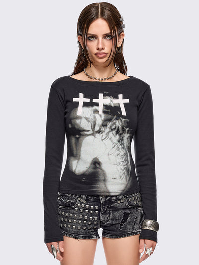 Black long sleeve top with grunge graphic and crosses graphic front print.