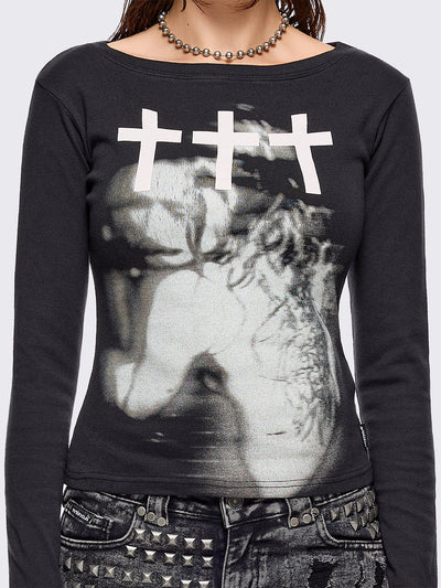 Black long sleeve top with grunge graphic and crosses graphic front print.